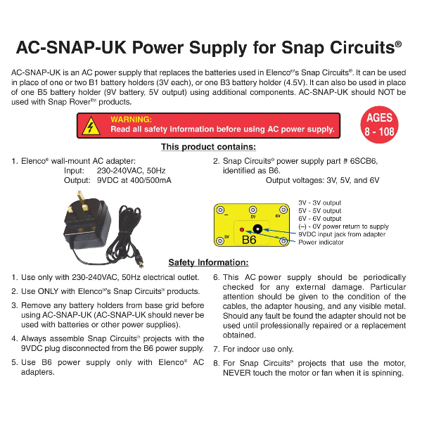 Snap Circuits Battery Eliminator - UK AC Adaptor (AC-SNAPUK)