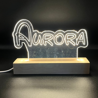Personalised Disney Style LED Name Sign with Wooden Base | Custom Acrylic Night Light | Kids Bedroom & Desk Decor