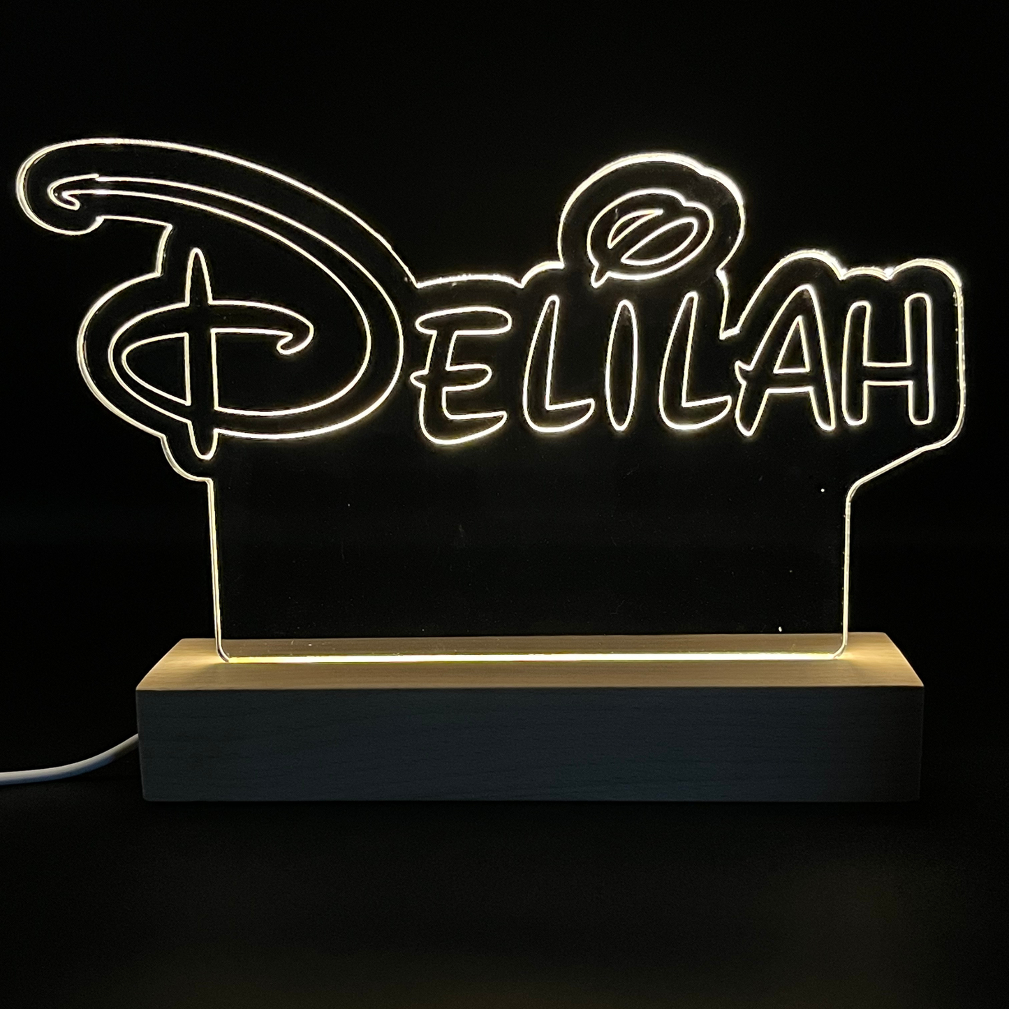 Personalised Disney Style LED Name Sign with Wooden Base | Custom Acrylic Night Light | Kids Bedroom & Desk Decor