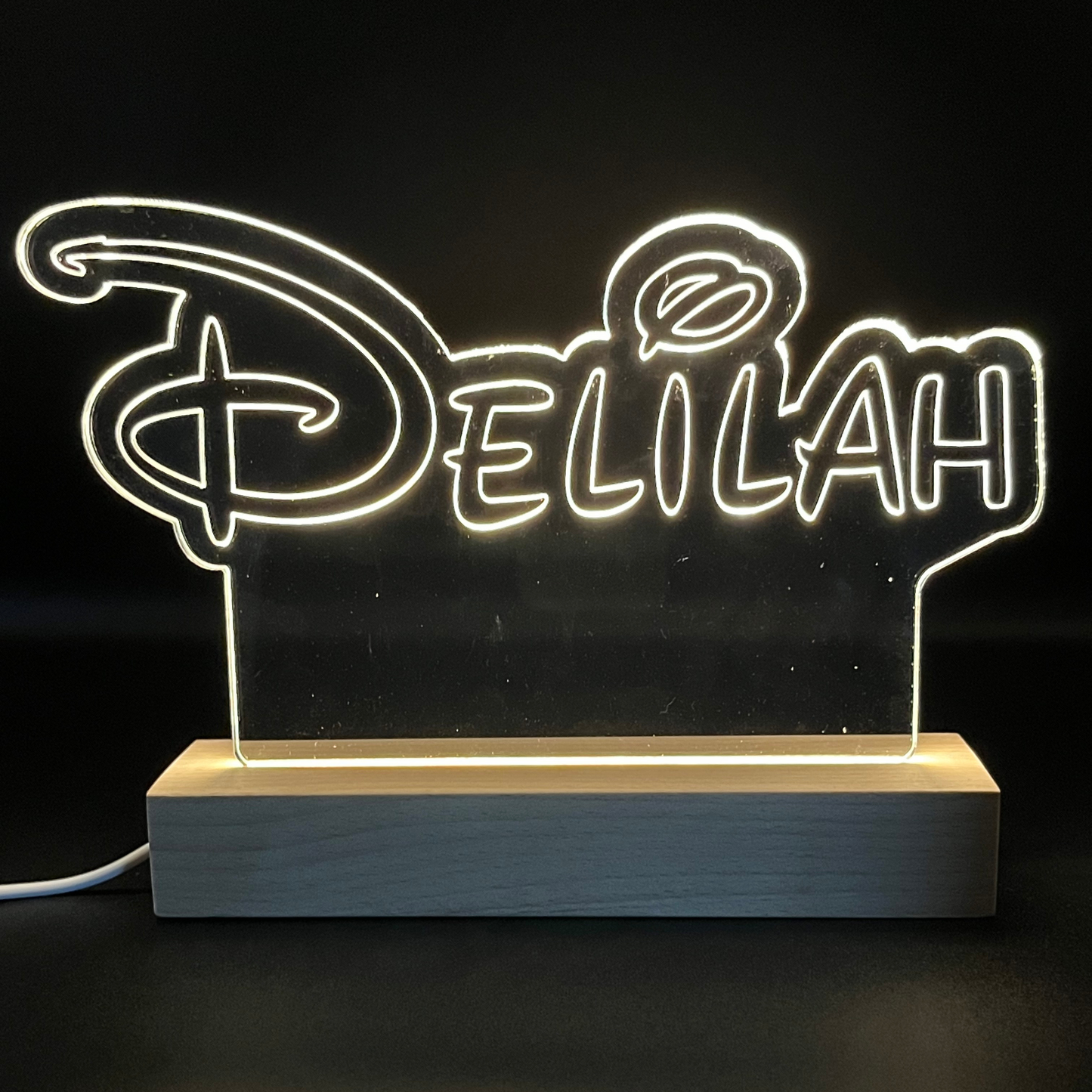 Personalised Disney Style LED Name Sign with Wooden Base | Custom Acrylic Night Light | Kids Bedroom & Desk Decor