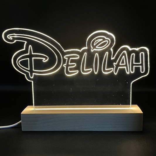 Personalised Disney Style LED Name Sign with Wooden Base | Custom Acrylic Night Light | Kids Bedroom & Desk Decor
