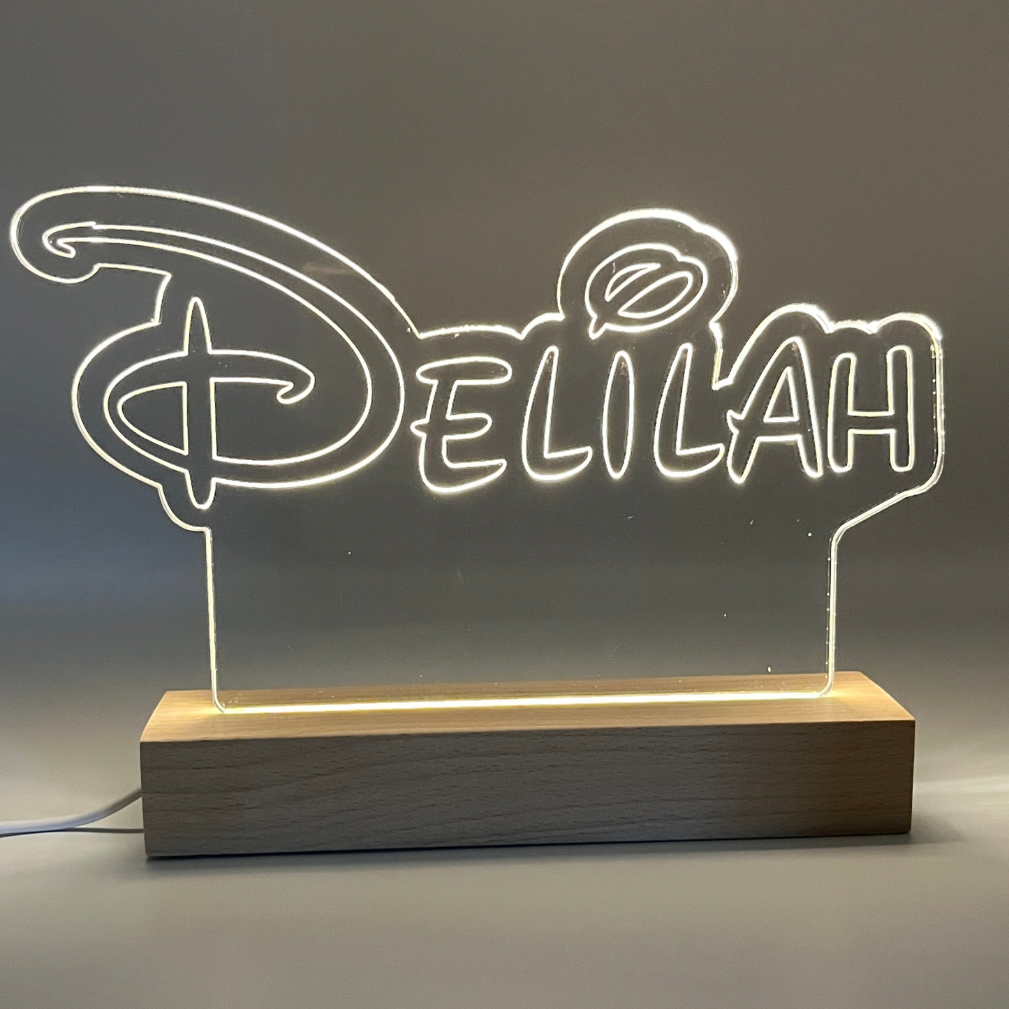 Personalised Disney Style LED Name Sign with Wooden Base | Custom Acrylic Night Light | Kids Bedroom & Desk Decor