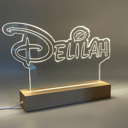 Personalised Disney Style LED Name Sign with Wooden Base | Custom Acrylic Night Light | Kids Bedroom & Desk Decor