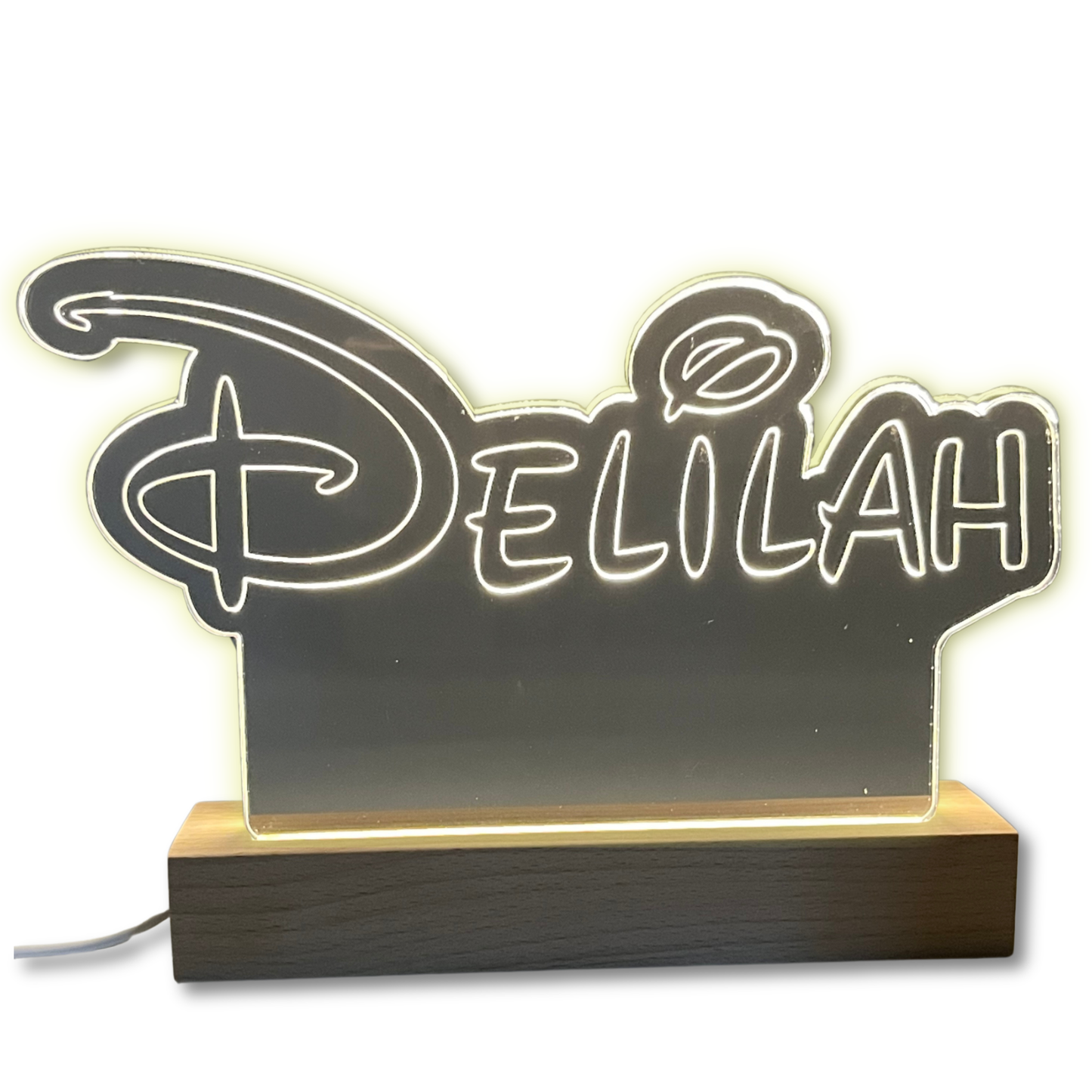 Personalised Disney Style LED Name Sign with Wooden Base | Custom Acrylic Night Light | Kids Bedroom & Desk Decor