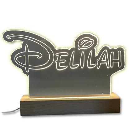 Personalised Disney Style LED Name Sign with Wooden Base | Custom Acrylic Night Light | Kids Bedroom & Desk Decor