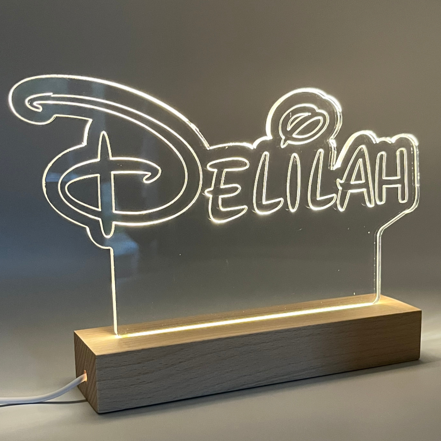 Personalised Disney Style LED Name Sign with Wooden Base | Custom Acrylic Night Light | Kids Bedroom & Desk Decor