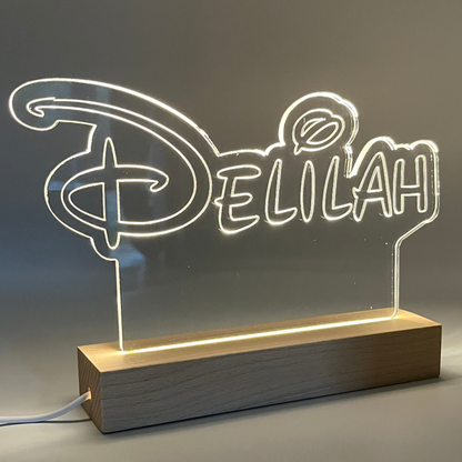 Personalised Disney Style LED Name Sign with Wooden Base | Custom Acrylic Night Light | Kids Bedroom & Desk Decor