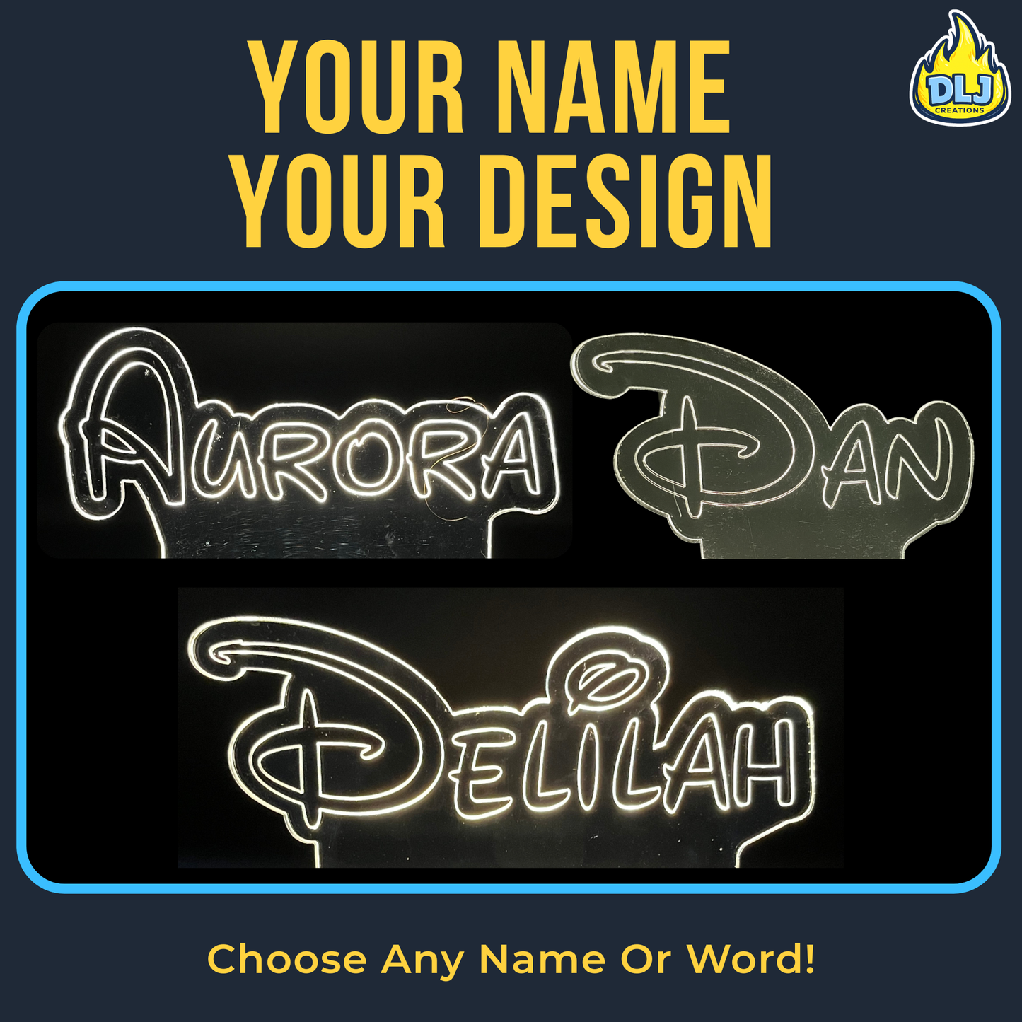 Personalised Disney Style LED Name Sign with Wooden Base | Custom Acrylic Night Light | Kids Bedroom & Desk Decor