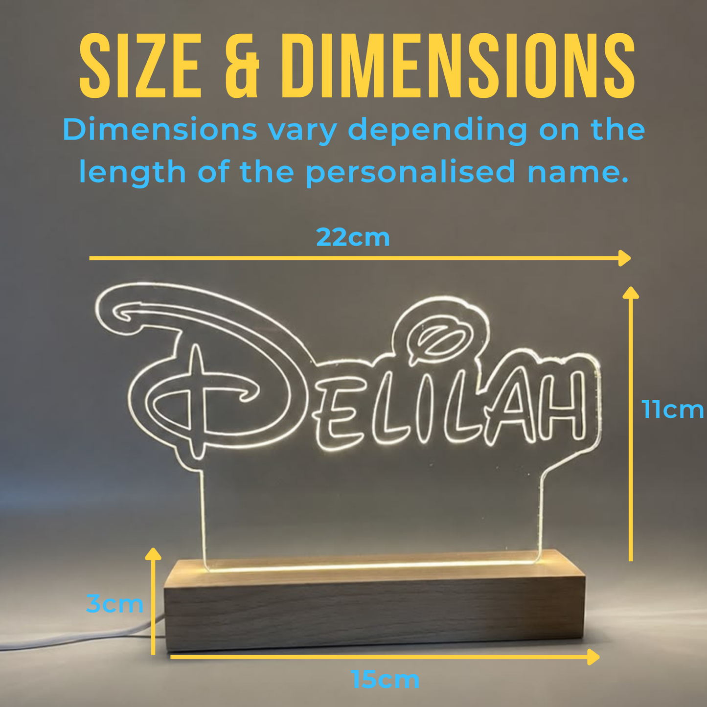 Personalised Disney Style LED Name Sign with Wooden Base | Custom Acrylic Night Light | Kids Bedroom & Desk Decor