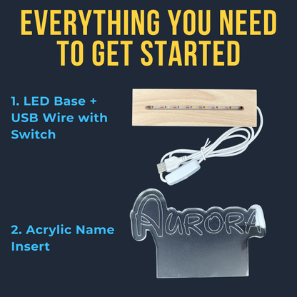 Personalised Disney Style LED Name Sign with Wooden Base | Custom Acrylic Night Light | Kids Bedroom & Desk Decor