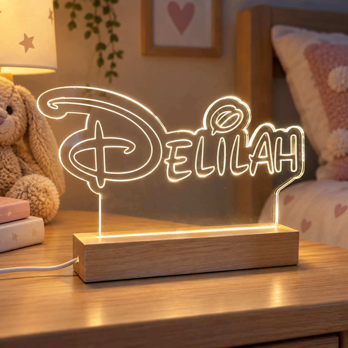 Personalised Disney Style LED Name Sign with Wooden Base | Custom Acrylic Night Light | Kids Bedroom & Desk Decor