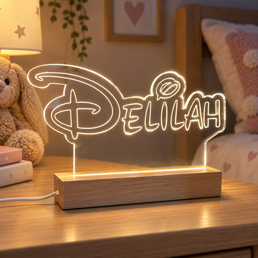 Personalised Disney Style LED Name Sign with Wooden Base | Custom Acrylic Night Light | Kids Bedroom & Desk Decor