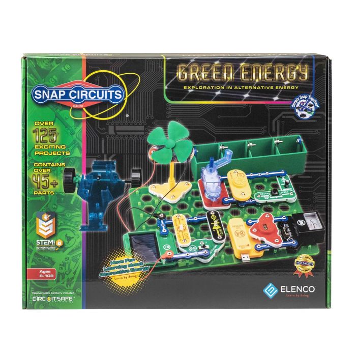 Packaging for Snap Circuits Green SCG-225, an educational electronics kit with a theme of green energy and alternative power sources.